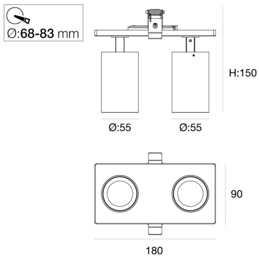 SLC Art 2xBL, 2xD55mm, infälld, 20W, 1460lm, 2700K, CRI90, 24°, Trailing edge, svart - Bild 4