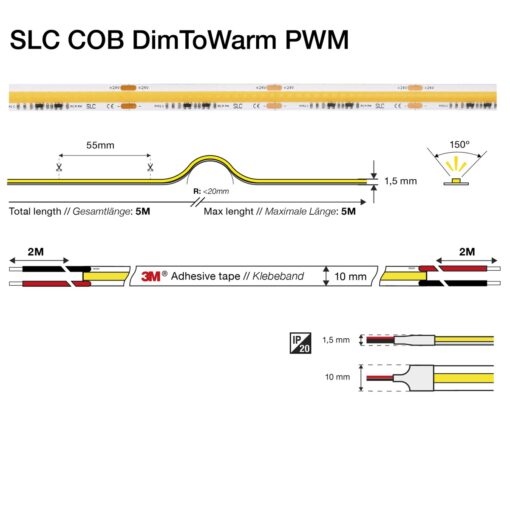 SLC COB DimToWarm PWM 10W/m 920lm/m 1800-3000K Ra>90 24V IP20 5m - Bild 4