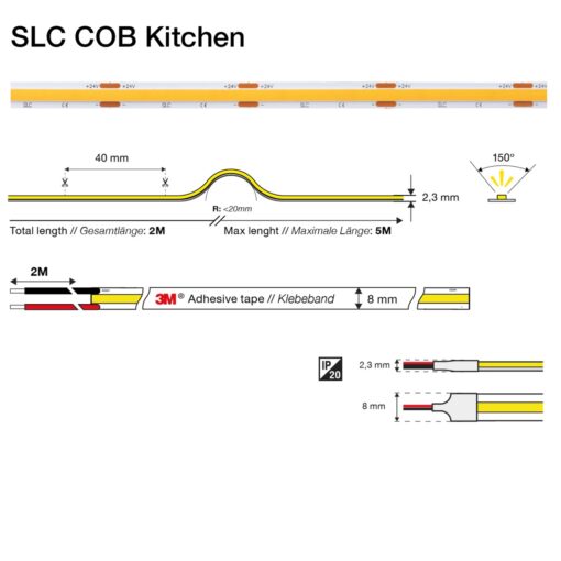 SLC COB Kök 8W/m 900lm/m 3000K Ra>90 24V IP20 2m - Bild 2